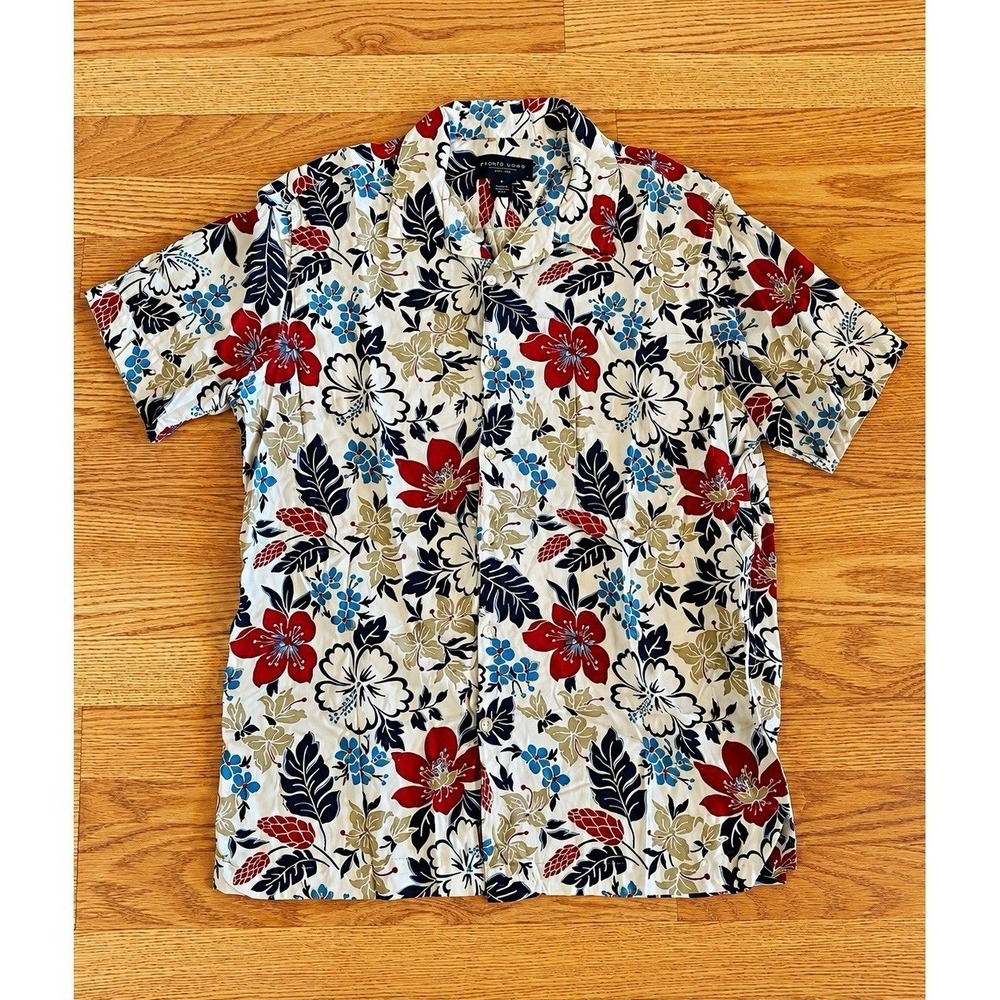 Pronto Uomo Floral Rayon Shirt Mens Large Short Sleeve Hawaiian Tropical White